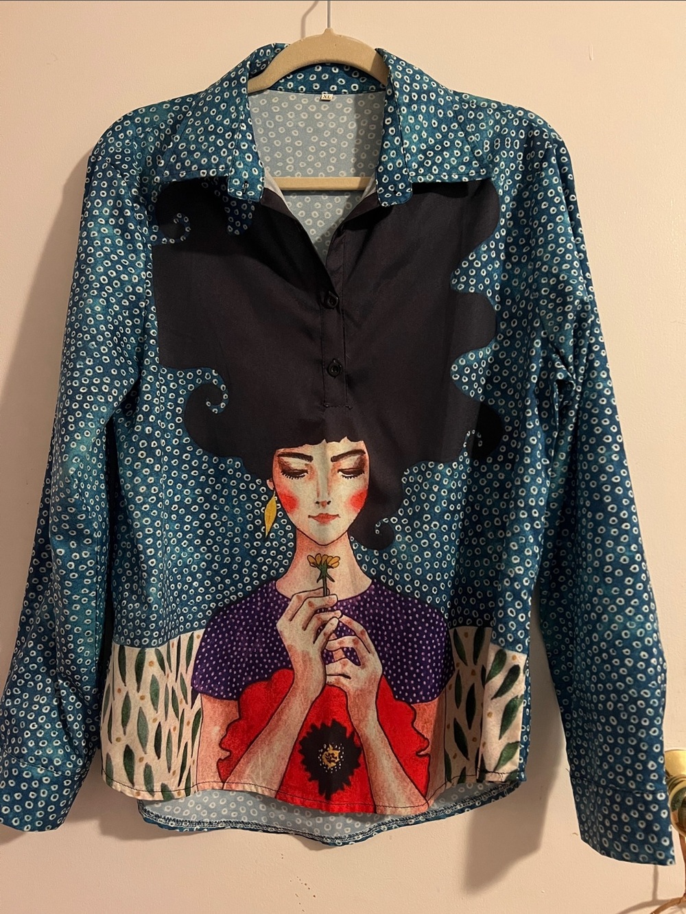 Artistic Blue Patterned Button-Up Top with Illustration and Florals